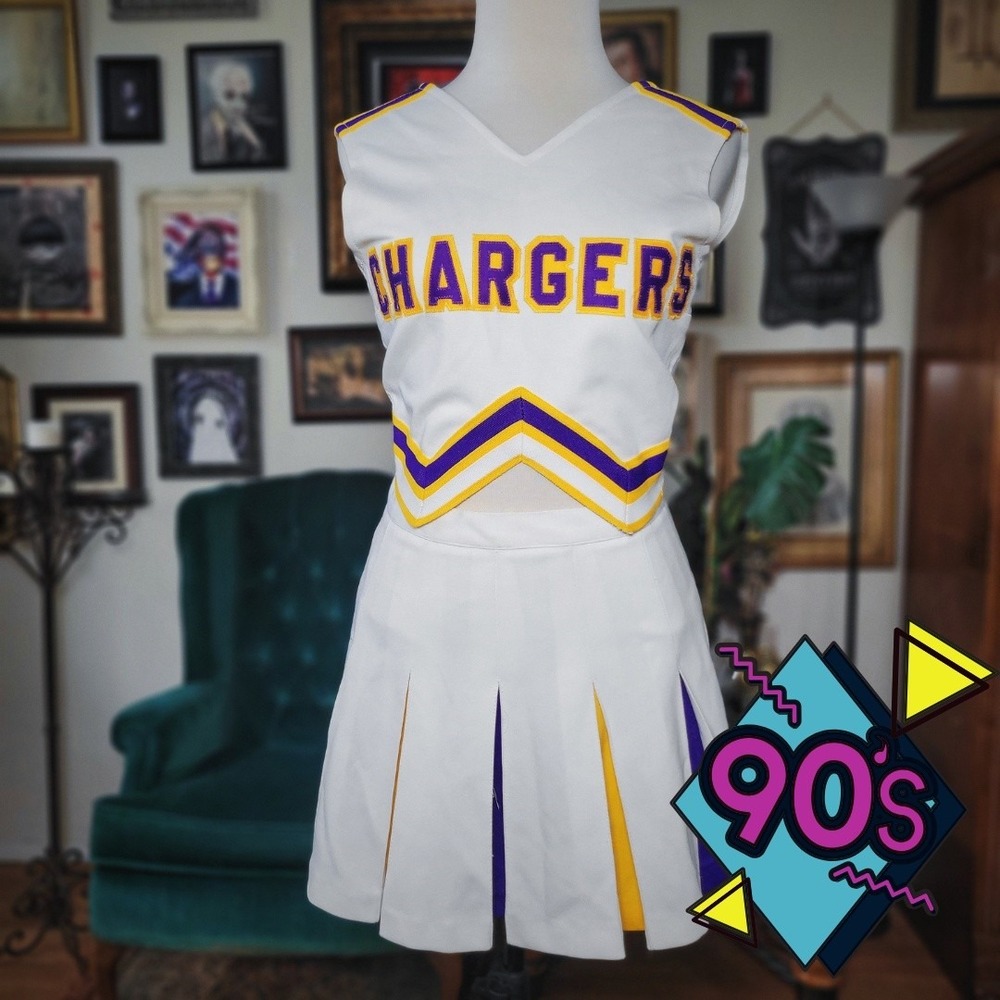 Vintage 90s Elite Chargers Cheerleader Uniform Purple Gold White Skirt Top 36 13